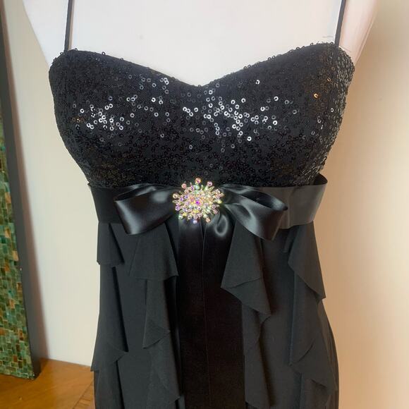 Vintage Cache Black Sequins Ruffled Spaghetti Straps Dress Size 8 Rhinestone - Picture 4 of 14